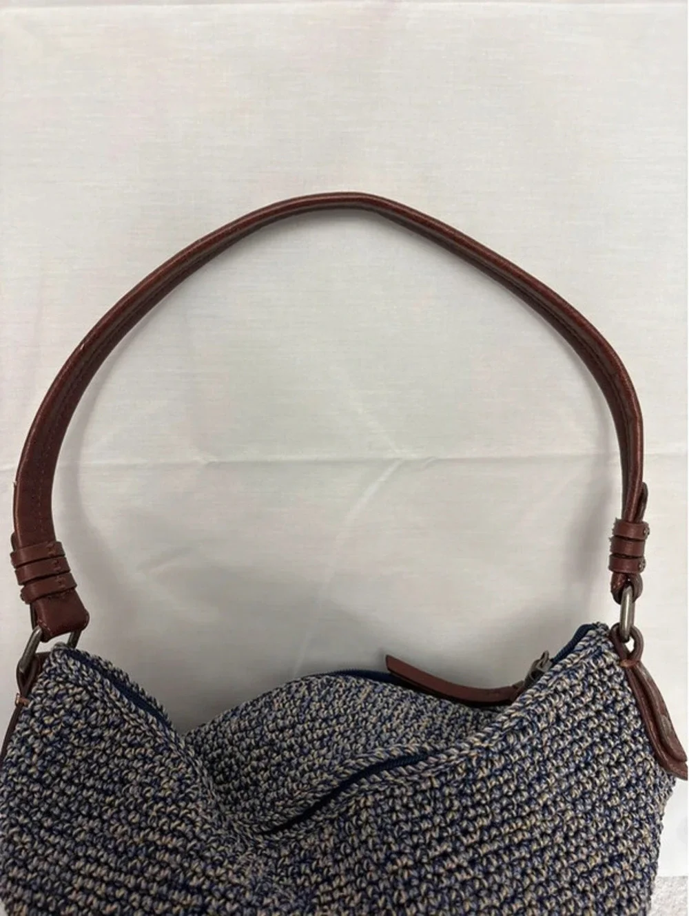 The Sak Blue Tan Crochet Hobo Shoulder Bag Leather Tassel New Without Tags